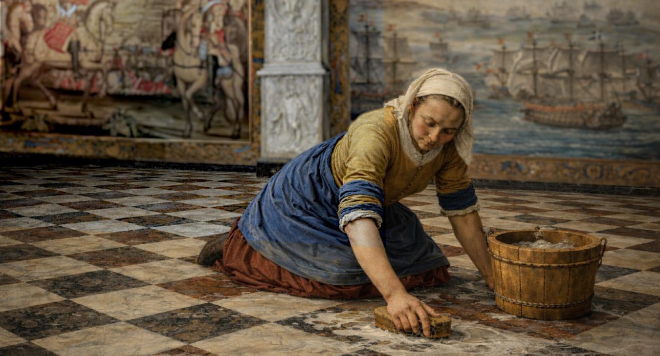 Housemaid washing the floor