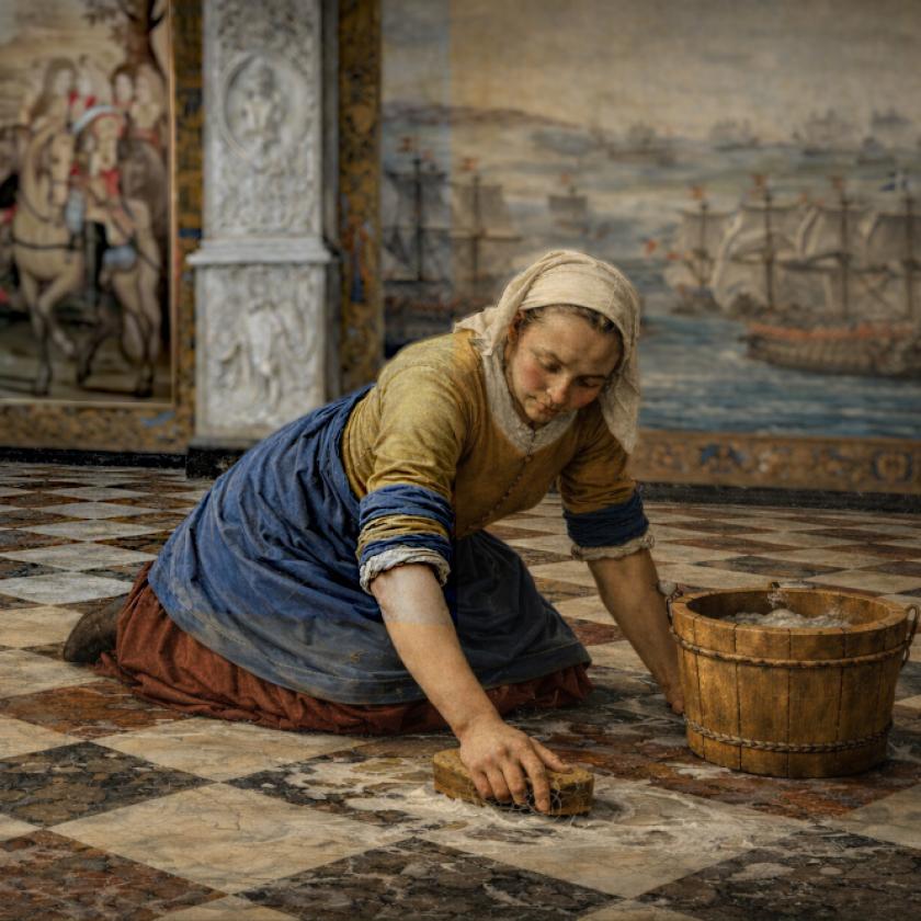 Housemaid washing the floor