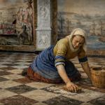 Housemaid washing the floor